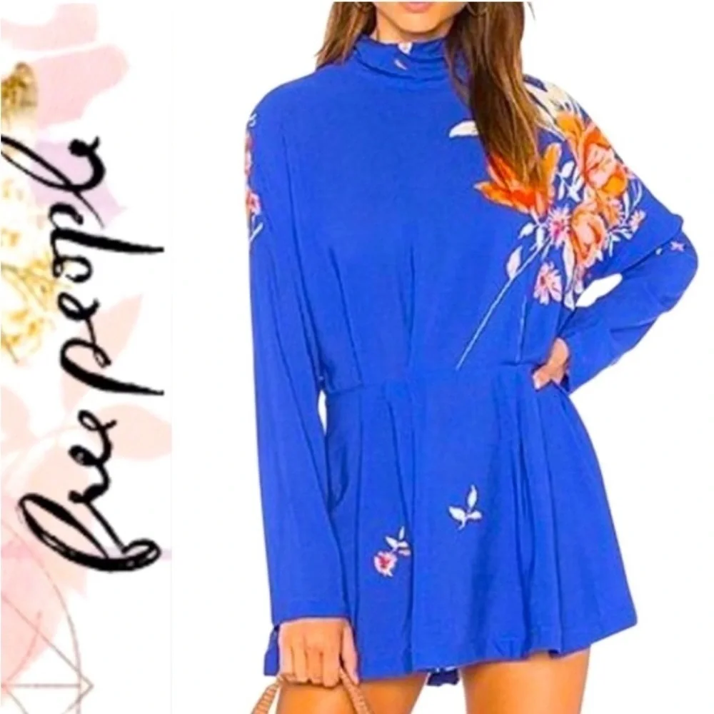 Free People x REVOLVE open back tie neck long sleeve mini blue floral dress XS